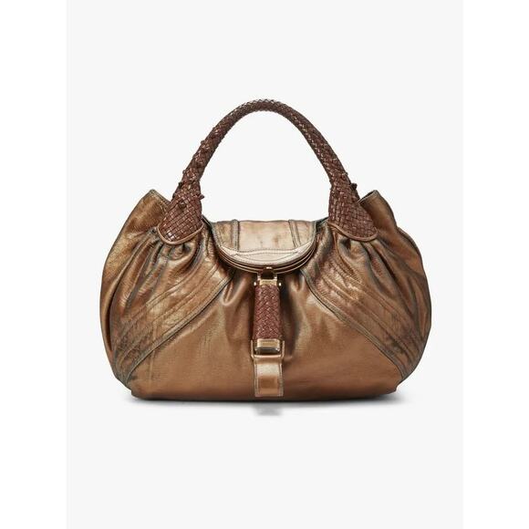 Fendi Holographic Fortuny Leather Woven Top Handle Large Spy Bag Metallic Copper - Picture 1 of 6